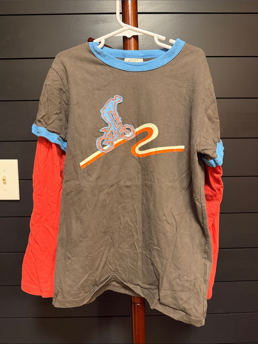 Kids Layered-Style Long Sleeve Tee with Bike Graphic - Brow , Red & Blue